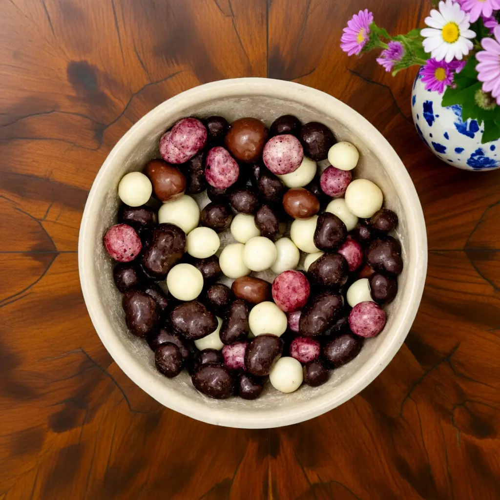 Verschiedenfarbige schokolierte Beeren einer Schale auf einem Holztisch mit Intarsien