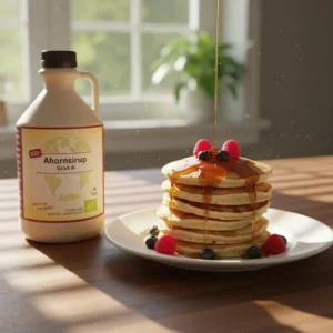 Eine große Flasche Ahornsirup auf einem Küchentisch, daneben ein Teller mit Pancakes, auf die Ahornsirup läuft