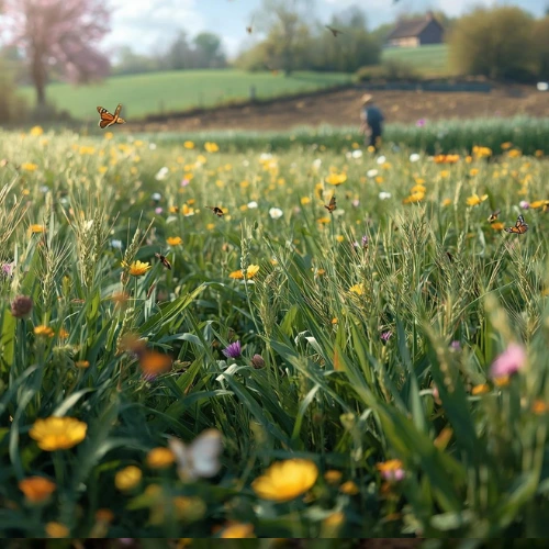 Blühende Wiese mit Landwirt im Hintergrund