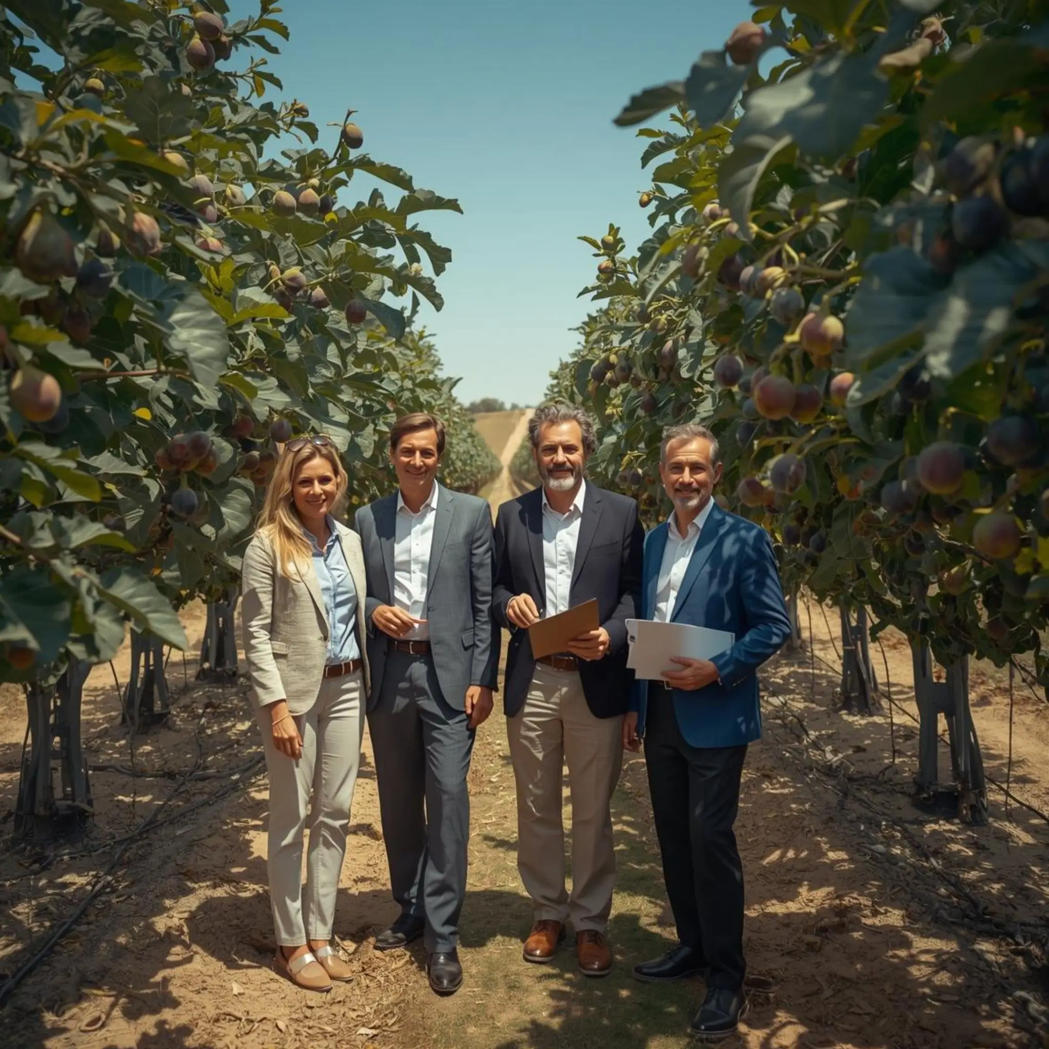 Zwei Mitarbeitende der Qualitätssicherung und zwei Produzenten in einer Feigenplantage