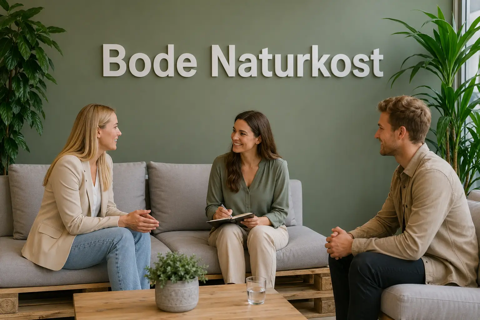 Drei Personen sitzen im Gespräch in der Lounge von Bode Naturkost.