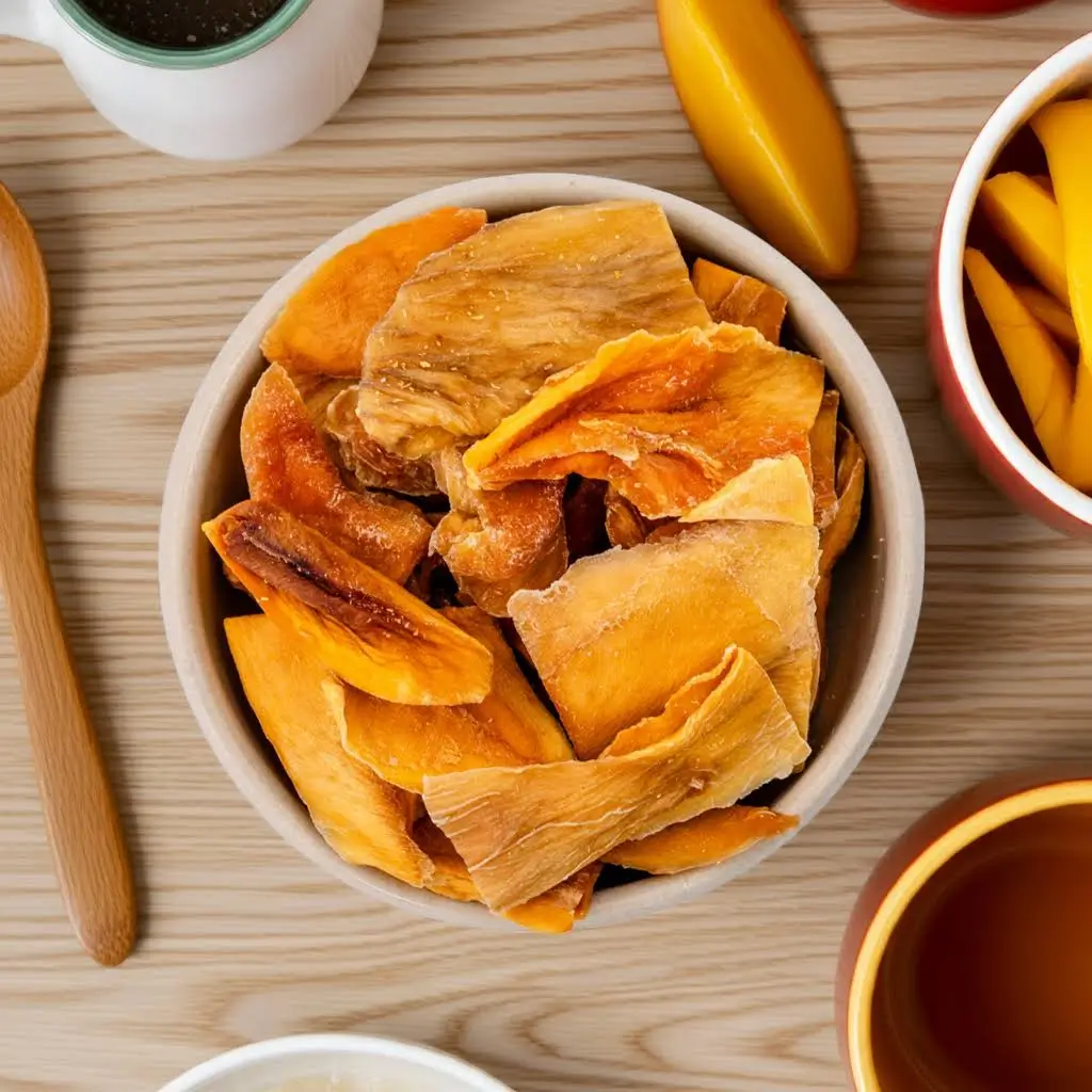 Mangostreifen in einer Schale auf einem Holztisch, frische Mango in Schalen daneben teilweise zu sehen