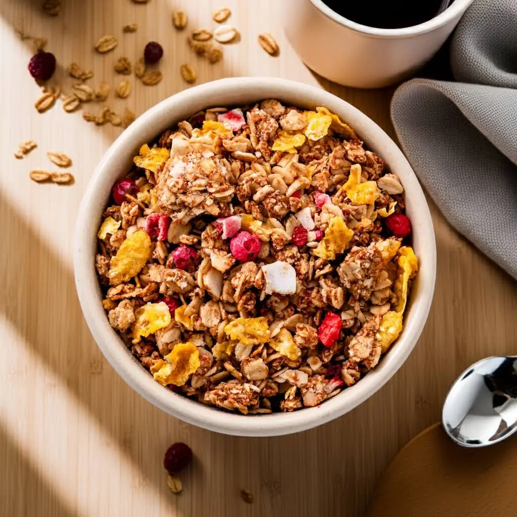 Crunchy-Müsli in einer Schale auf einem Frstückstisch