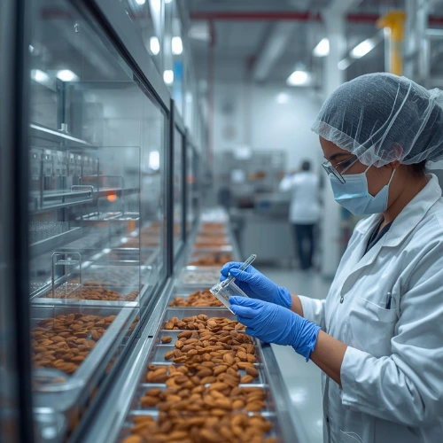 Frau in weißer Schutzkleidung kontrollier Mandeln an der Produktionsanlage