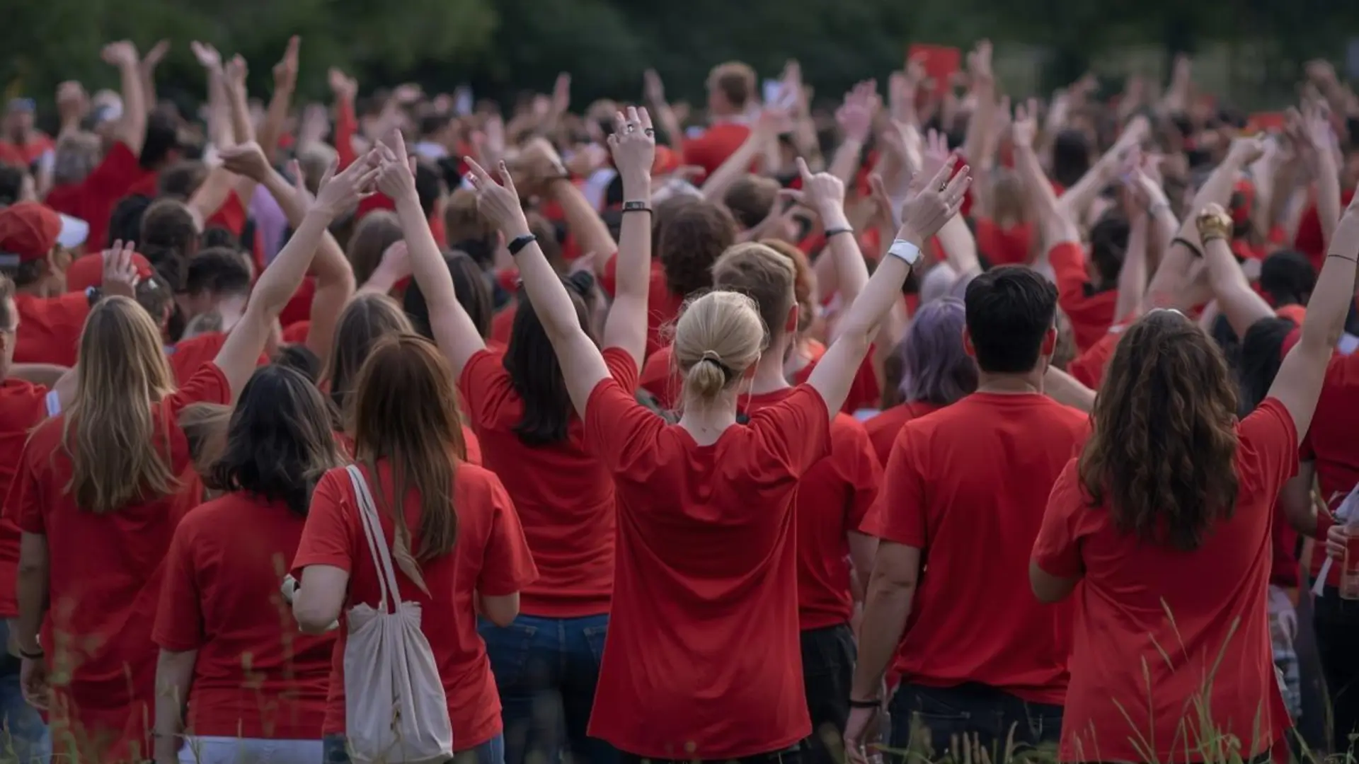Große Gruppe von Menschen in roten T-Shirts, von hinten, viele heben begeistert die Arme