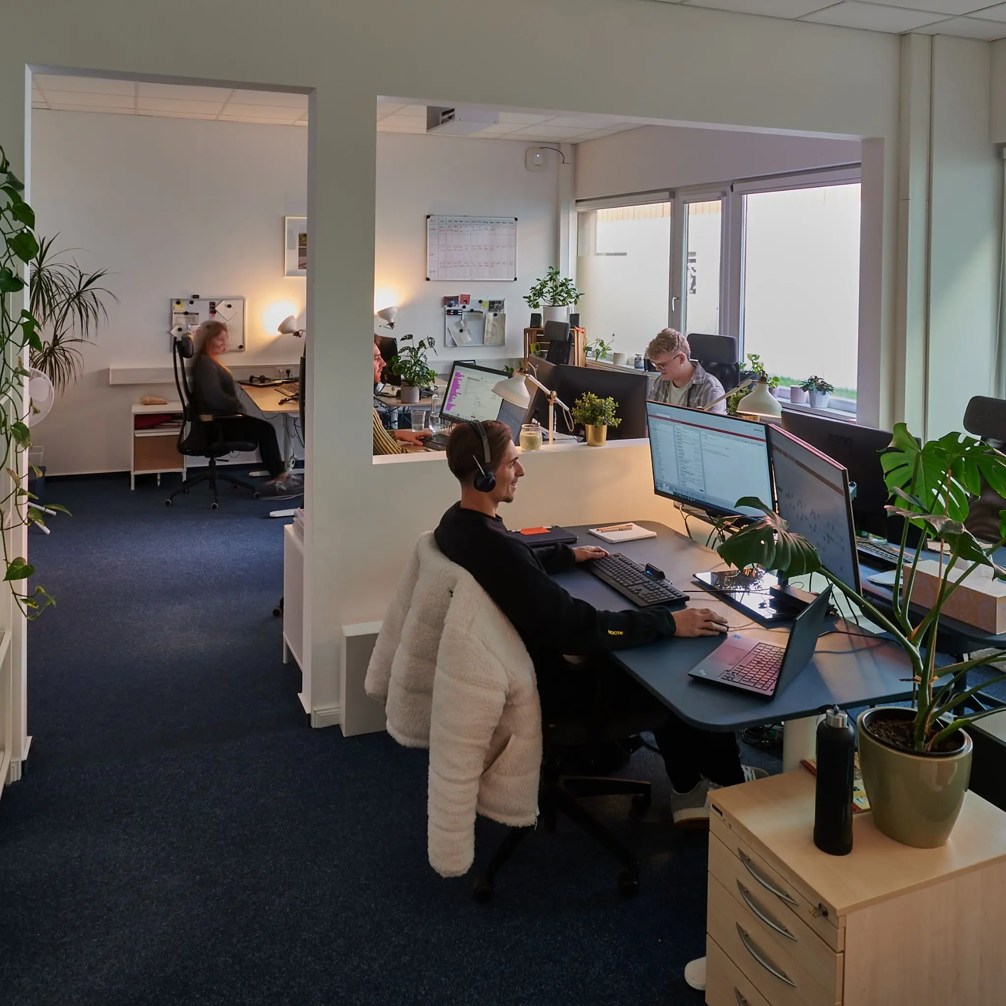 Helles Büro mit Mitarbeitenden an Schreibtischen mit Zimmerpflanzen