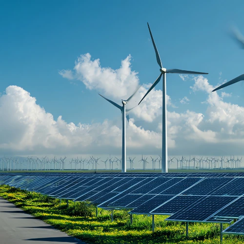 großer Windanlagenpark mit Solarpanelen im Vordergrund